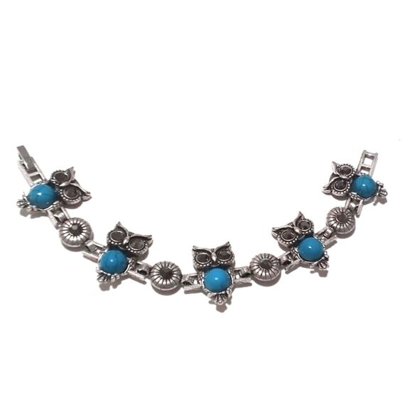 Vintage Silver Tone Owl Bracelet Faux Turquoise and Black Rhinestone - Picture 1 of 5